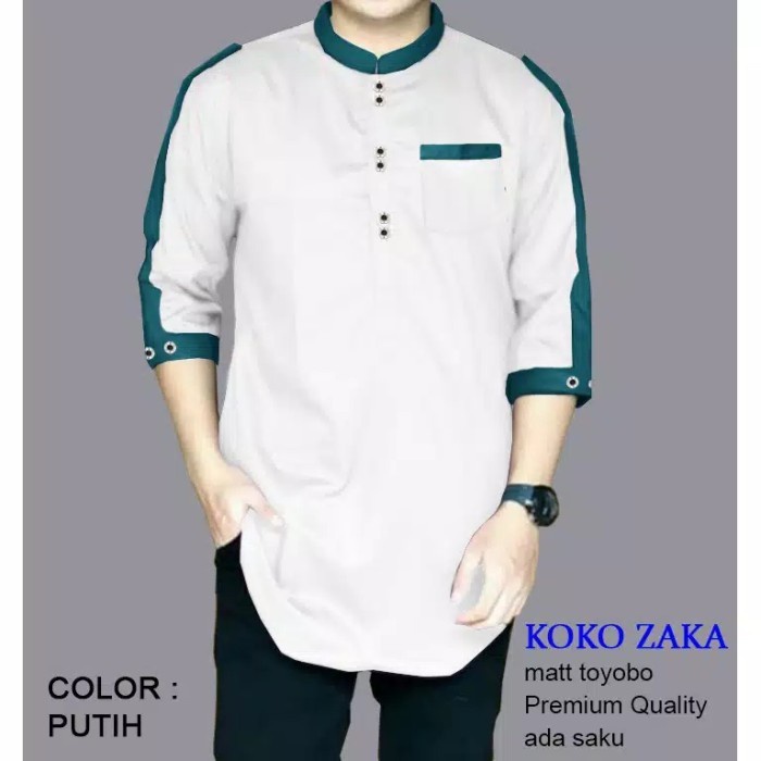 Kemeja Koko ZAKA, Baju Kemeja Koko Pria Muslim terbaru - Putih, L polos putih koko slimfit lengan panjang lengan pendek O1P8