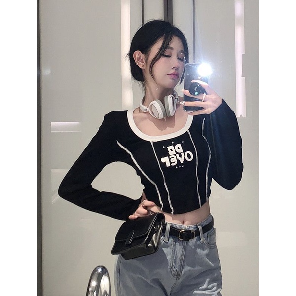 Red Hitam Spice Girl Tulang Ikan Lengan Panjang T-shirt Wanita Musim Gugur Desain Pinggang Tinggi Rasa Niche Jahitan Pendek Irregular top