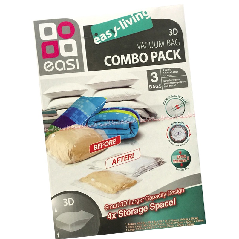 Stora Easi Vacuum Bag Combo Pack 3D Isi 3pcs Easy living 4x lebih Hemat Tempat Plastik Vakum Untuk Selimut Bantal Hordeng Produk Ukuran Besar Easy-Livi