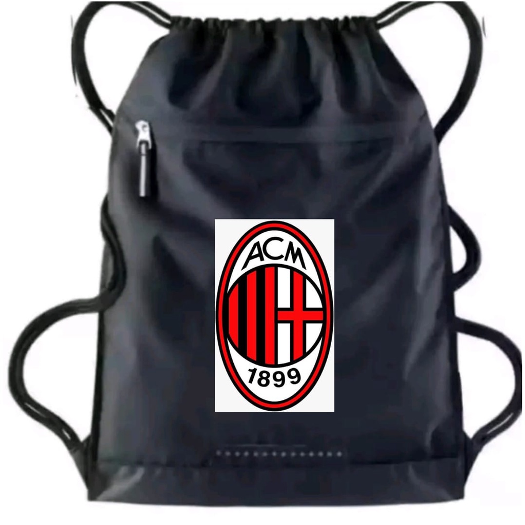 Tas Serut pria stringbag selempang olahraga Logo AC Milan | Liga Italia | tas travel serut Waterproof resleting