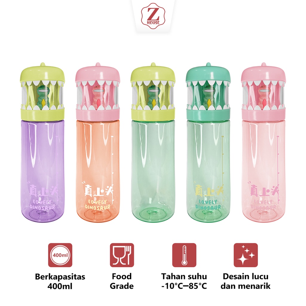 Botol Air Minum Portable Anak Kartun Dinosaur Bahan Plastik Kapasitas 400ml Anti Tumpah Botol minum Anak Karakter Lucu BPA FREE Drink Bottle Anak Motif Dinosaur Anti Jatuh