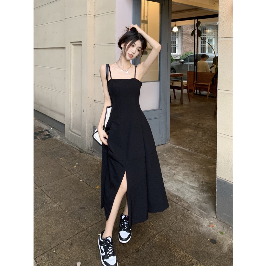 Red Kumikumi Hepburn style black suspender dress women s spring French waist A-line skirt slit skirt