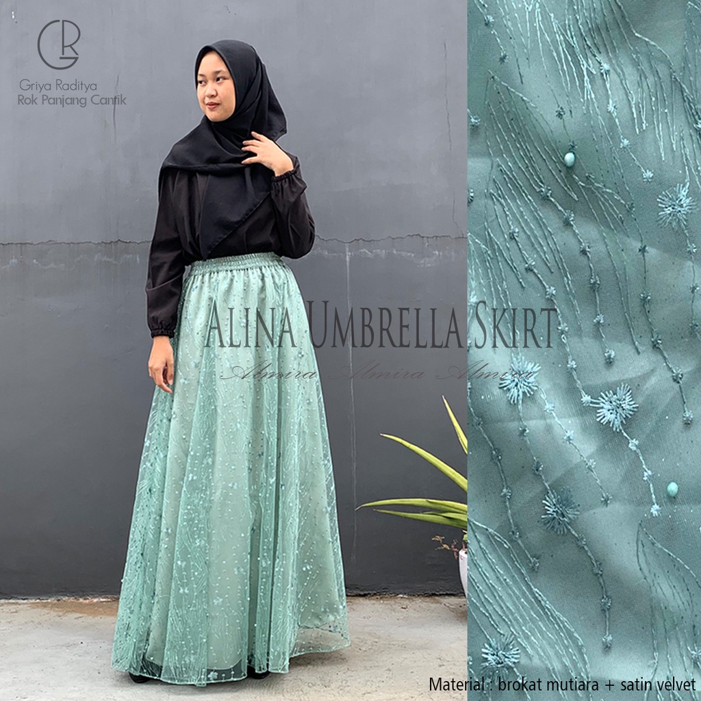 Rok Brukat Satin Payung  Kondangan Alina Umbrella Skirt Brokat Mutiara Almira Panjang 100cm Gratis Potong