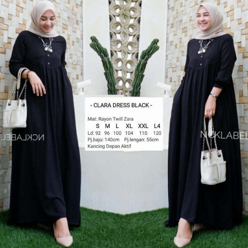 CLARA DRESS ORI NCK LABEL GAMIS POLOS HITAM BUSUI RAYON TWILL