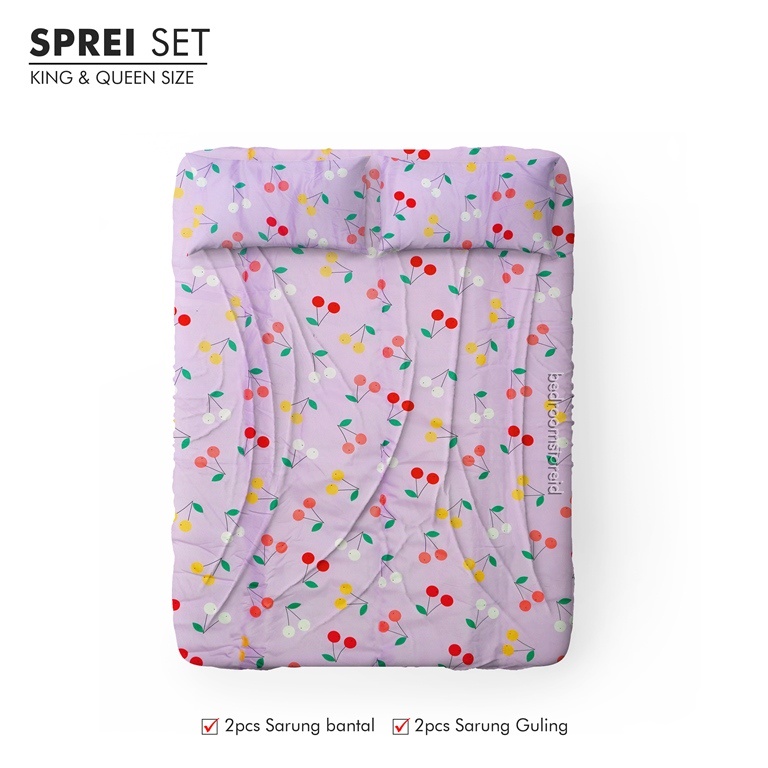 Sprei aesthetic motif Cherry Lavender sudah termasuk sarban dan sargul