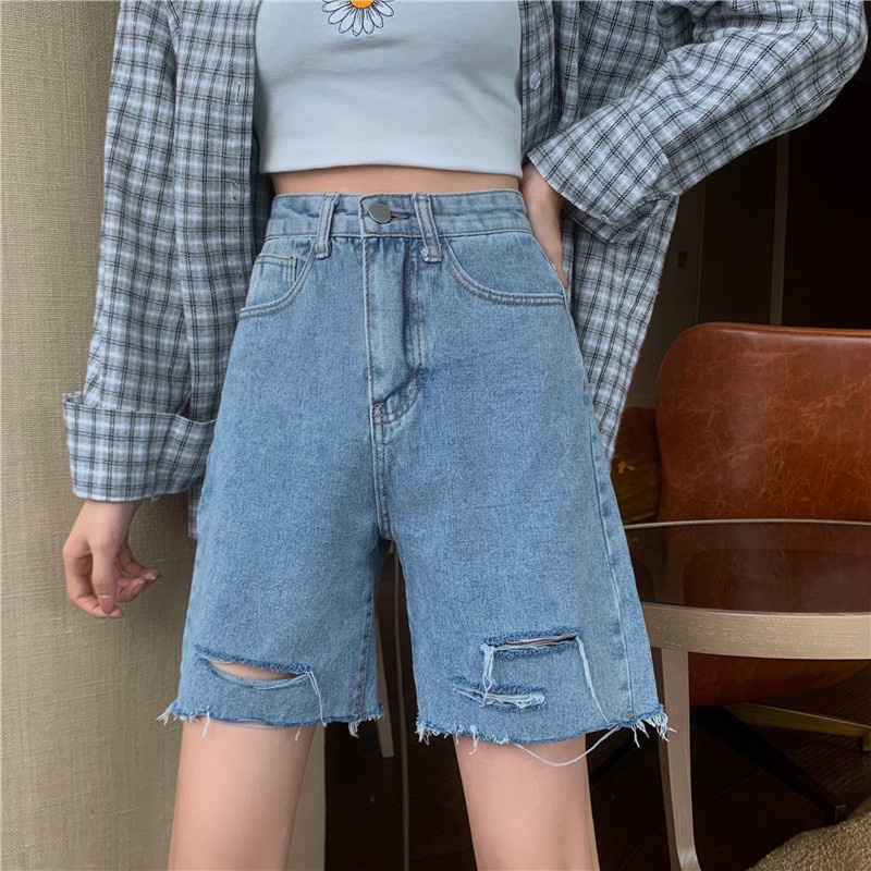 XiaoZhaiNv Celana Pendek Denim Sobek Wanita Korean Style Highwaist