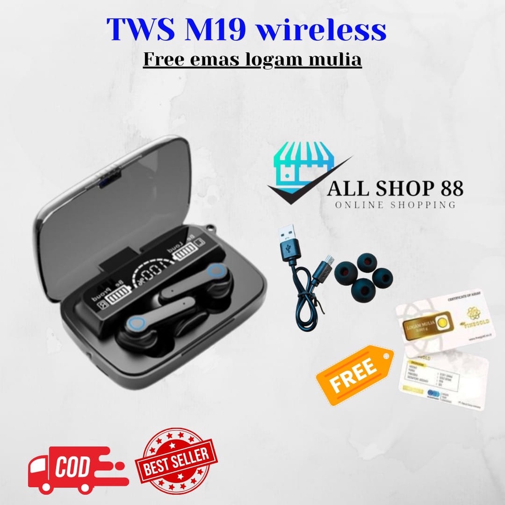 TWS M19 FREE EMAS LOGAM MULIA - HEADSET BLUETOOTH WIRELESS GAMING TWS M19 + POWERBANK 2800 MAH