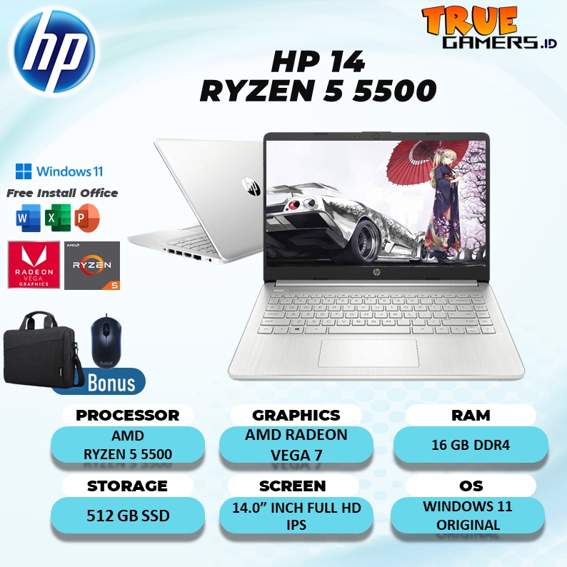 LAPTOP HP 14 RYZEN 5 5500 RAM 16GB 512SSD VEGA7 WINDOWS11 14.0FHD IPS