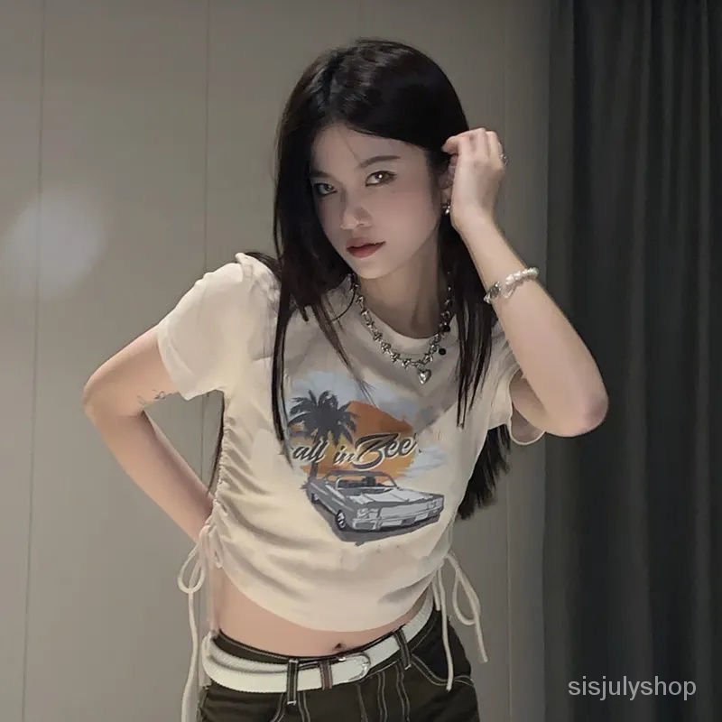 [✅BISA COD] #Sisjuly# Atasan Serut Pinggang Pendek Lengan Pendek Y2k Wanita / Kaos Amerika Wanita /