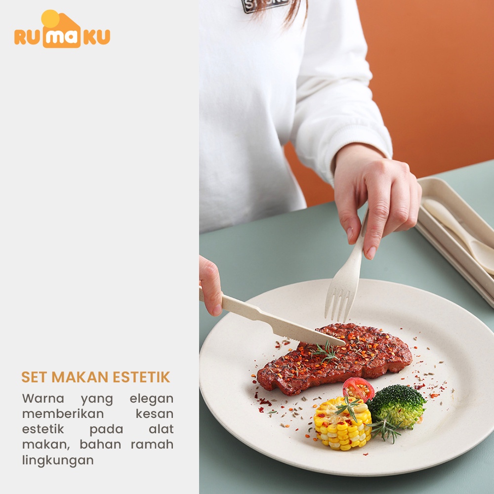 Rumaku Set Alat Makan 3 pcs Sendok Garpu Pisau Set Bahan Plastik Jerami dengan Kotak