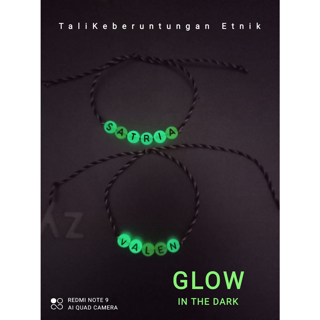 GELANG NAMA CUSTOM TRIDATU ETNIK MOTE GLOW IN THE DARK MODEL TERBARU