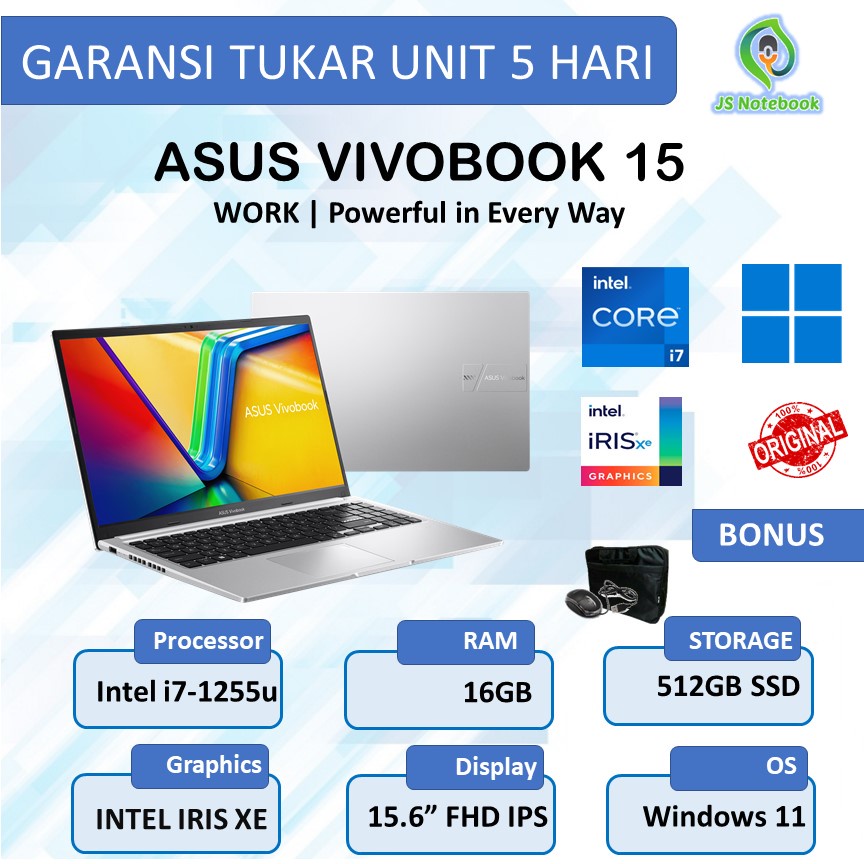 LAPTOP ASUS VIVOBOOK 15 intel core i7-1255u 16GB 512SSD WIN11 15.6" FHD