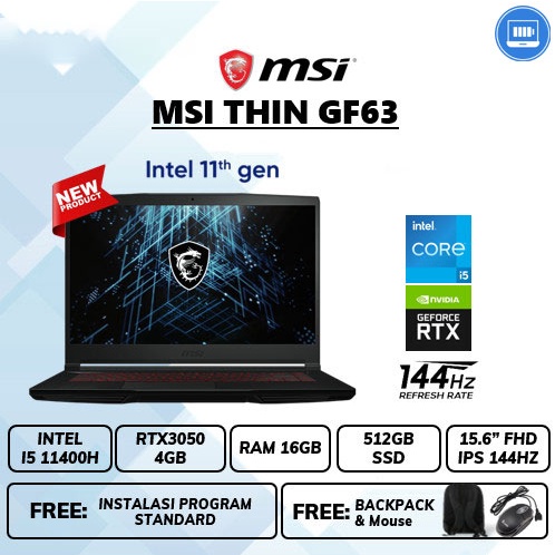 Laptop Msi Thin GF63 Rtx 3050 4Gb i5 11400H 15.6&quot; FHD