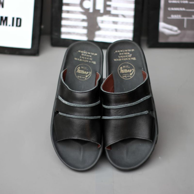 CEVANY TAIM Black (KULIT ASLI) Sandal Pria Kulit Asli Casual Ringan Anti Licin