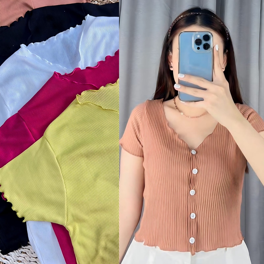 Crop Kancing V-Neck Lengan Pendek Bahan Rib Premium / Cardigan Crop Top / Rib Kancing