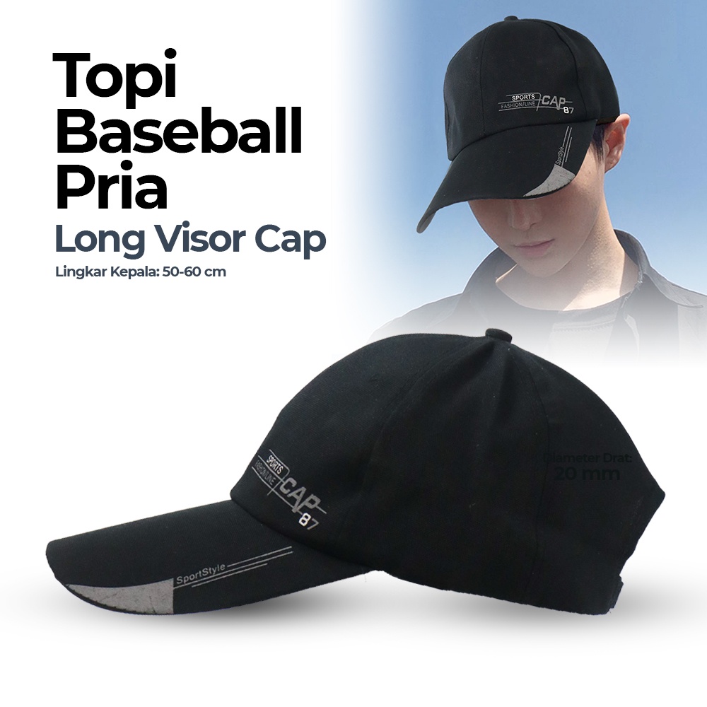 Topi Baseball Golf Pria Outdoor Fashion Line Cap Long Visor - MZ87 - Black