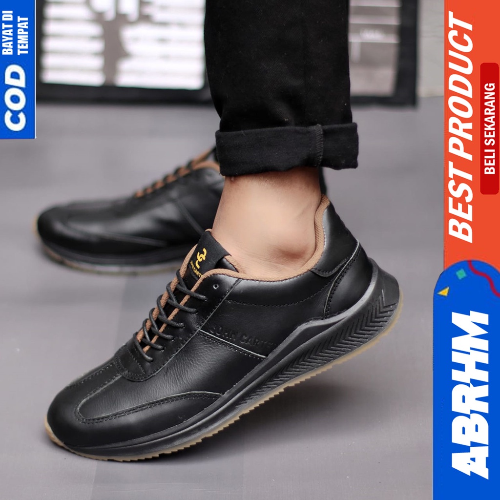 Sepatu Sneakers Casual Pria Kulit Asli Hitam Kerja Abrhm Spart