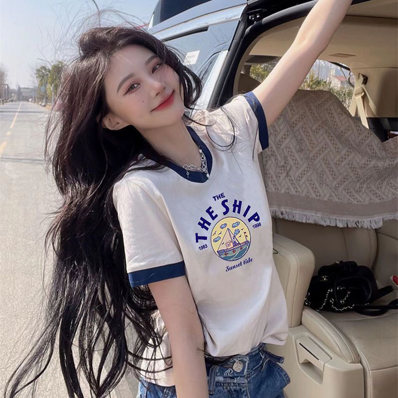 Red 2022 Musim Panas Baru Putih Lengan Pendek T-shirt Wanita Bahu Depan Katun Murni Longgar All-Match Warna Kontras Geometris setengah Lengan T-shirt Tide