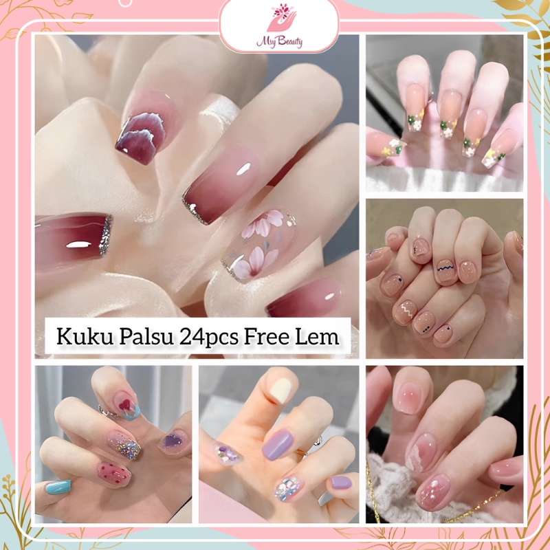 MSY 24pcs Kuku Palsu Non Box Free Lem Jelly 24pcs/Kuku Palsu Free Lem Cair 1gr/Nail Art Fashion Decoration/Fashion Acylic Nail