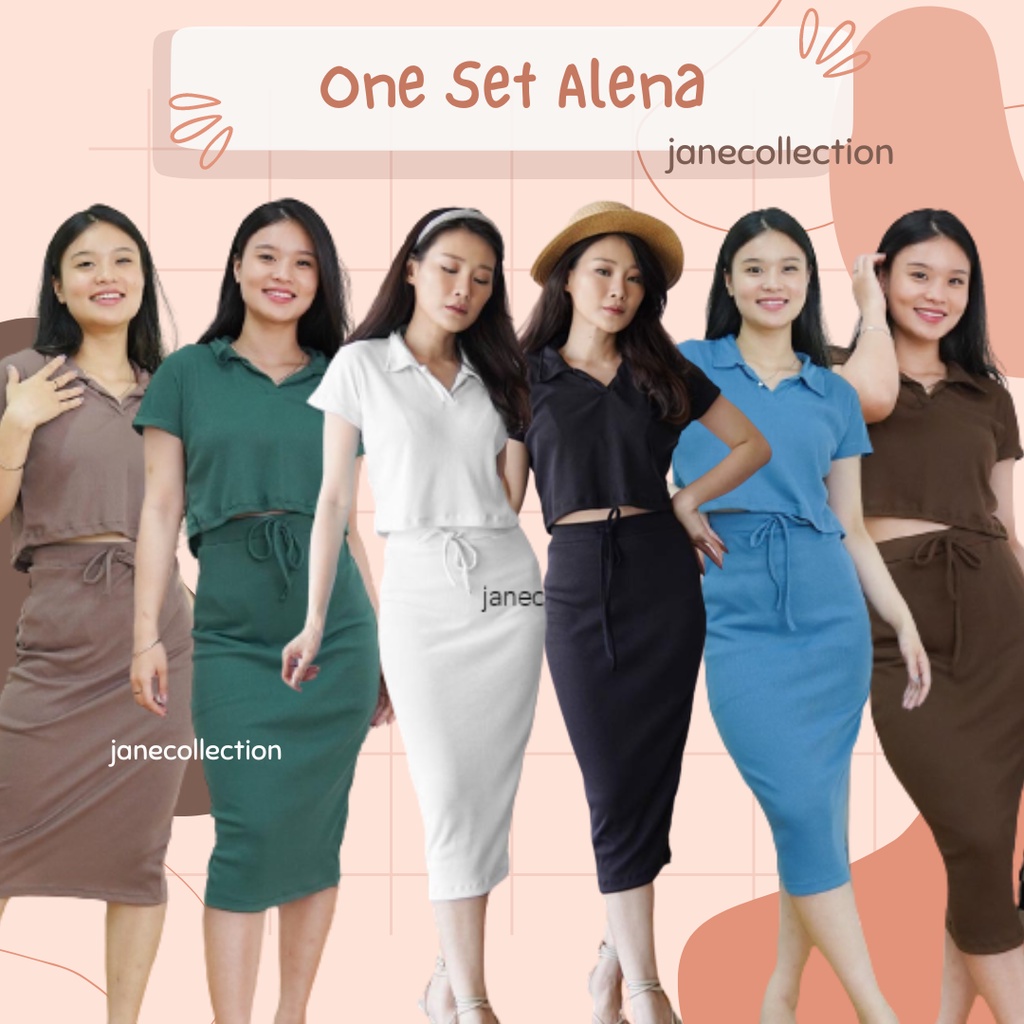 JANE COLLECTION || Setelan Wanita Atasan Baju Polo dan Bawahan Rok Pensil Hitam Bodycon High Waist Baju Kerja Formal Korea Cewek Blouse Kerah Polos Army Cream Black Rajut Rib Knit - One Set Alena