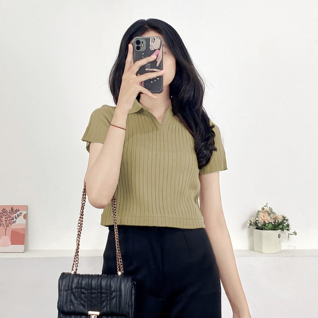 crop top rajut wanita kerah polo/polo wanita prilly crop top/atasan crop top rajut lengan pendek