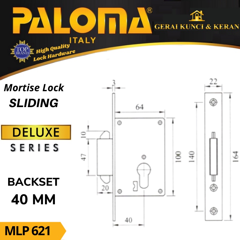 PALOMA BODY KUNCI MORTISE LOCK SLIDING  MLP 621 DELUXE SLIDING 40MM PVD GOLD