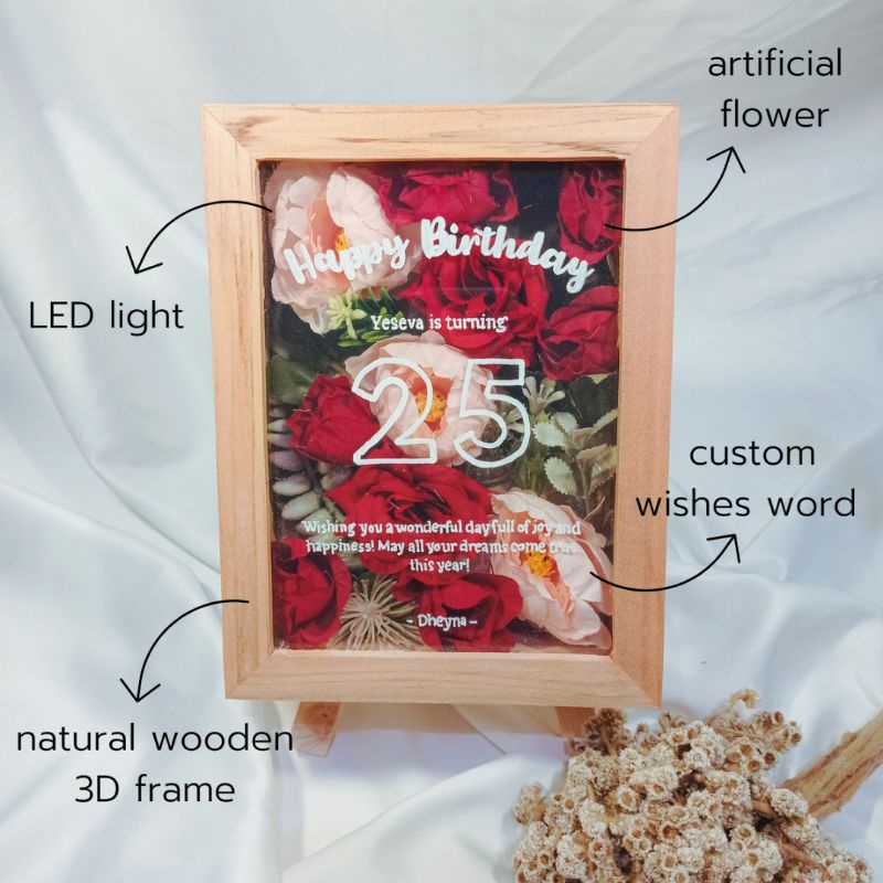 Bloomengift | Rose Peony Flower Frame Gift Box Custom Bingkai 3D 5R 21x16x5 cm  Bunga Artificial Kad