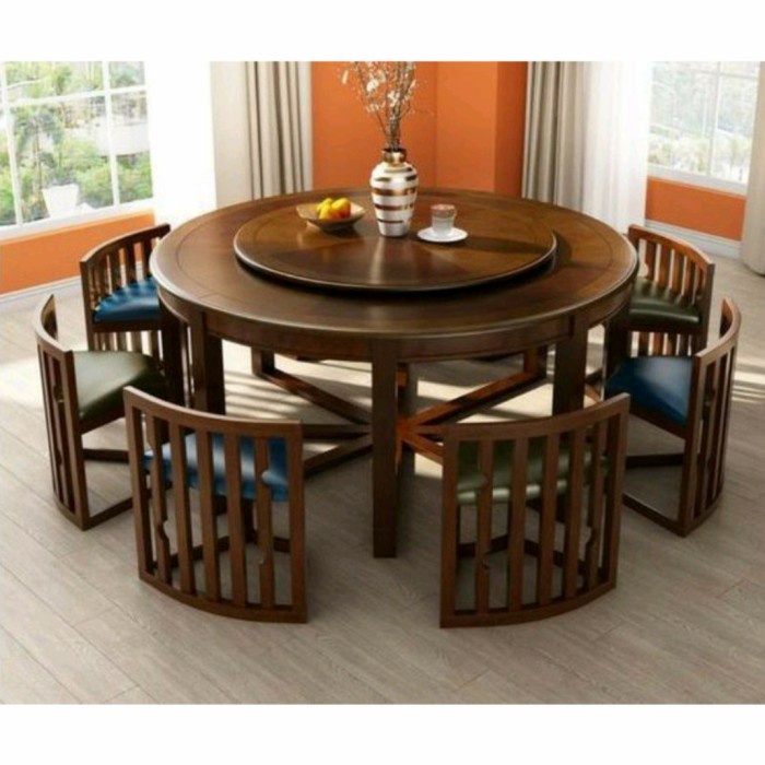 LJ1 Meja Makan Minimalis Bulat 6K+Busa+Putar+Kaca - Meja Makan Kayu Jati