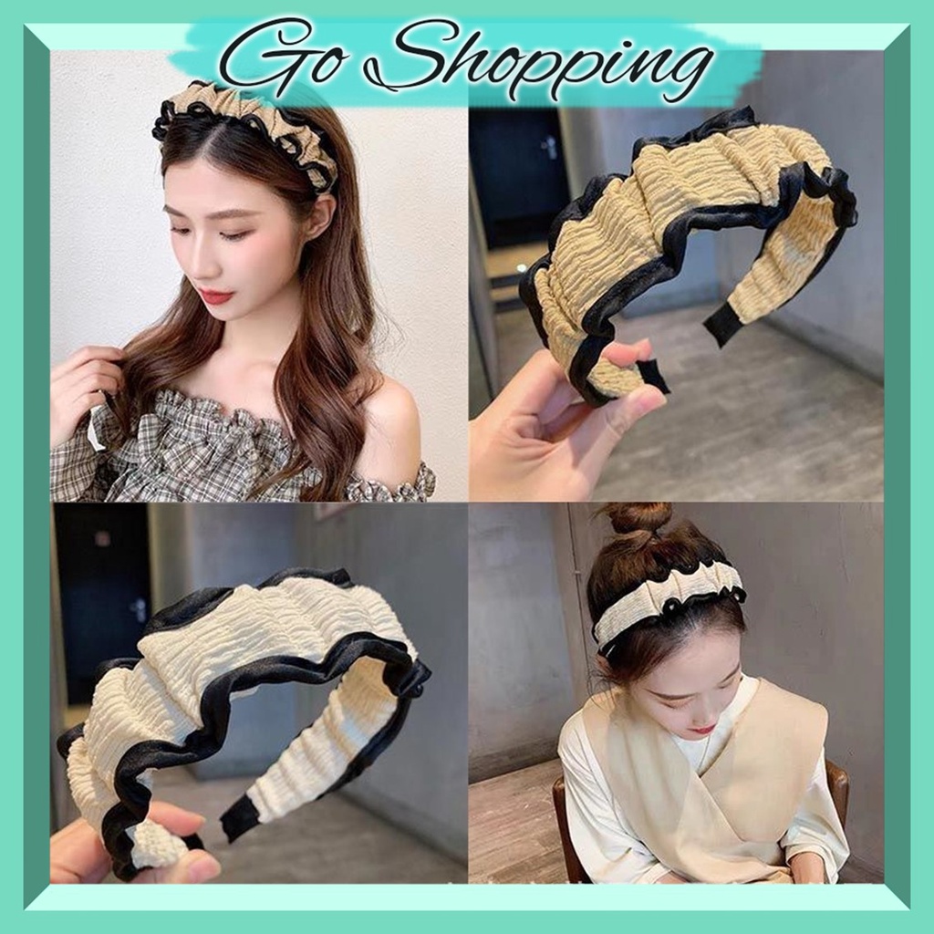 GO!BD1084 Bando Scrunchie Serut Korea Garis Hitam Headband Ruffle Bandana Polos Wanita Kain Fashion