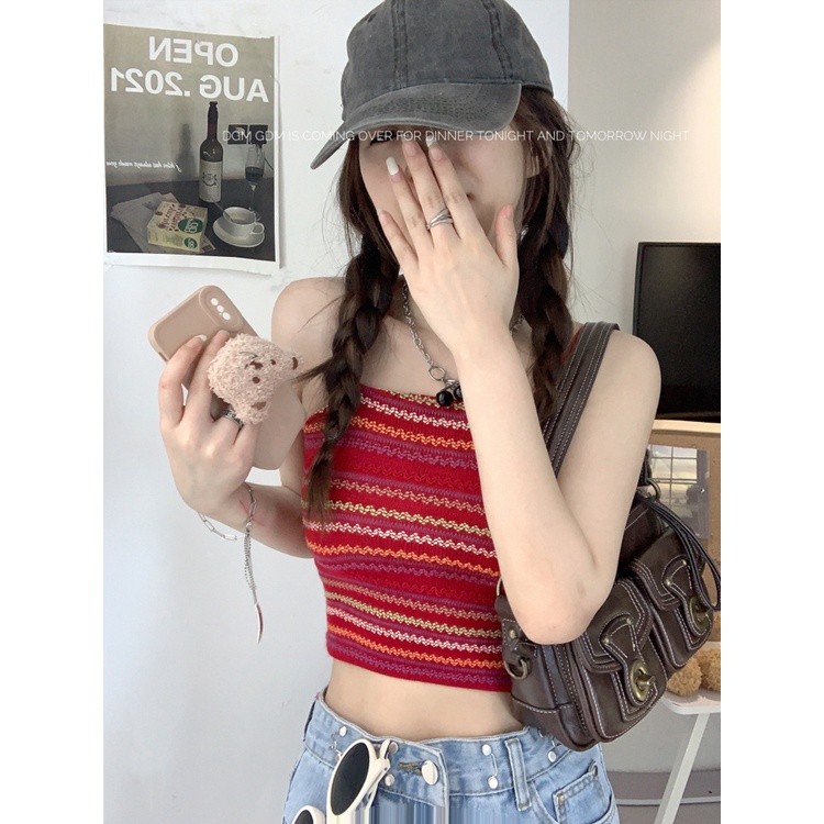 Red Tube top ceruk suspender bergaris warna indah kembali rompi perempuan musim panas hot gadis gaya pendek pakaian dalam dan luar desain top