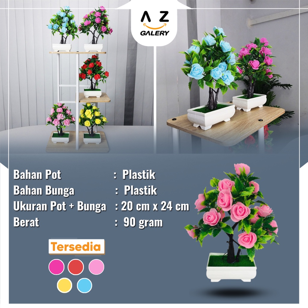 Tanaman Hias Bonsai Mawar Pot Plastik Dekorasi Ruangan Artificial Flower Plant Rose Potted Bonsai Office Garden Desktop Ornament Decor PBP134 Azgalery