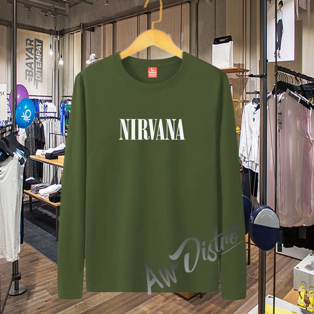 COD Baju Kaos Distro Nirvana Taxt Putih Premium Quality Lengan Panjang Kaos Tulisan Kaos Kata-Kata Kaos Sablon Big Size