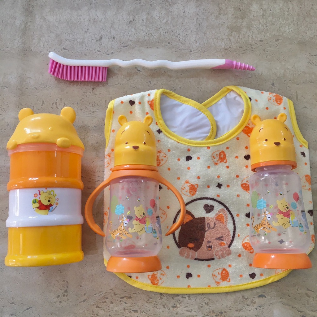 Disney Baby Feeding Set Seri Winnie the Pooh - Botol Susu | Milk Container | Sikat Botol | Celemek