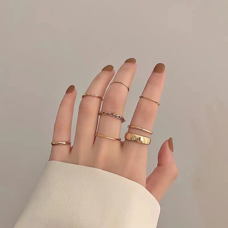 Cincin Magdalena 7 in 1 Set Ring 7pcs / Set Cincin Rantai Emas Model Terbuka Gaya Retro Korea Untuk Aksesoris Perhiasan