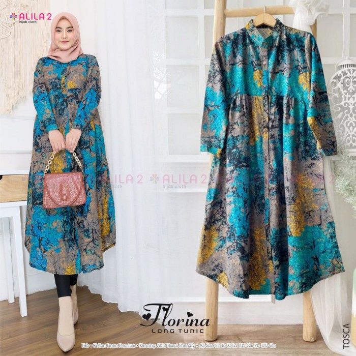 Gamis Wanita TERBARU FLORINA LONG TUNIK KATUN LINEN PREMIUM ATASAN WANITA LD 105CM Q2D4