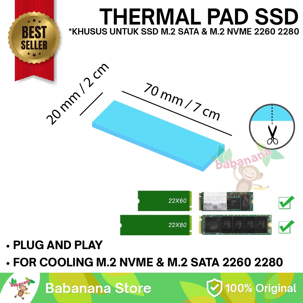 Ssd M.2 Thermal pad 70mm x 20mm x 1.0mm 12.8W/mK cooler cooling pendingin nvme
