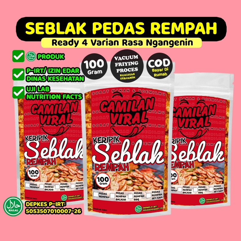 

Keripik Seblak Pedas Rempah 100 Gram Kemasan STP Bening Tebal dengan Klip Seal - Cemilan Pedas