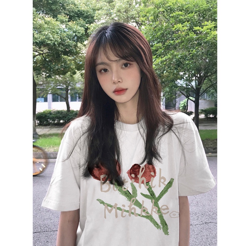 baju atasan wanita lengan pendek rose motif printed t-shirt import kaos puith oversize kaos korea