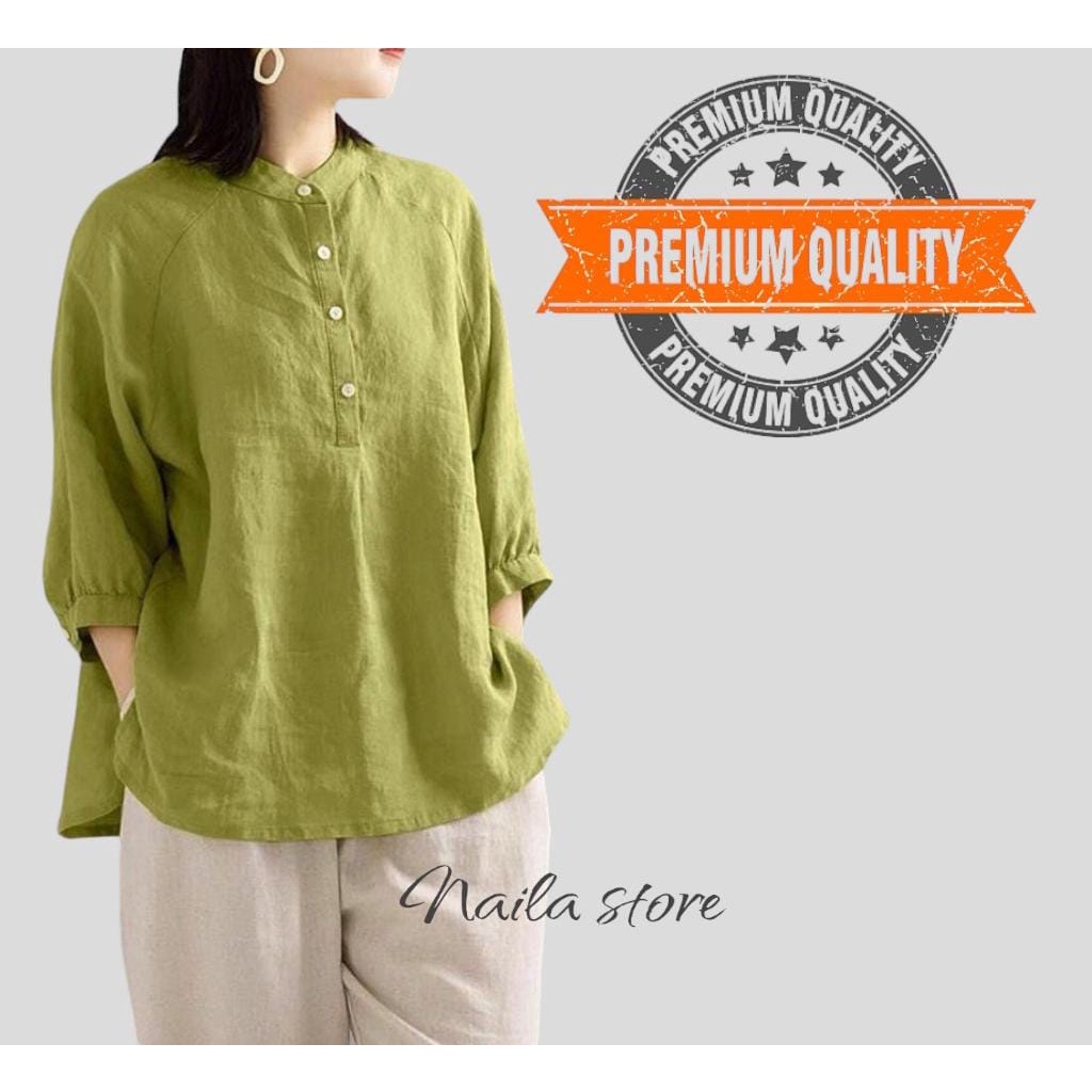 Kemeja Linen Wanita Kerah Shanghai Lengan 3/4 CERIA SHIRT Kancing Dada Hidup Jumbo Big size OOTD Remaja Dewasa Kekinian