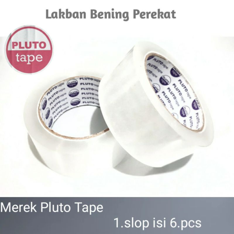 

Lakban Bening panjang 90.yard Lebar 45.MM. 1.slop isi 6.pcs lakban Pluto Lakban Alat Packing