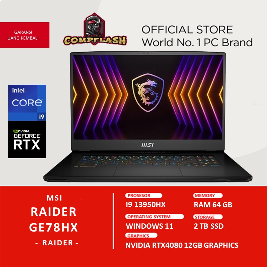 LAPTOP MSI RAIDER GE78HX RTX4080 12GB I9 13950HX RAM 64GB 2TBSSD QHD 240HZ PKRGB