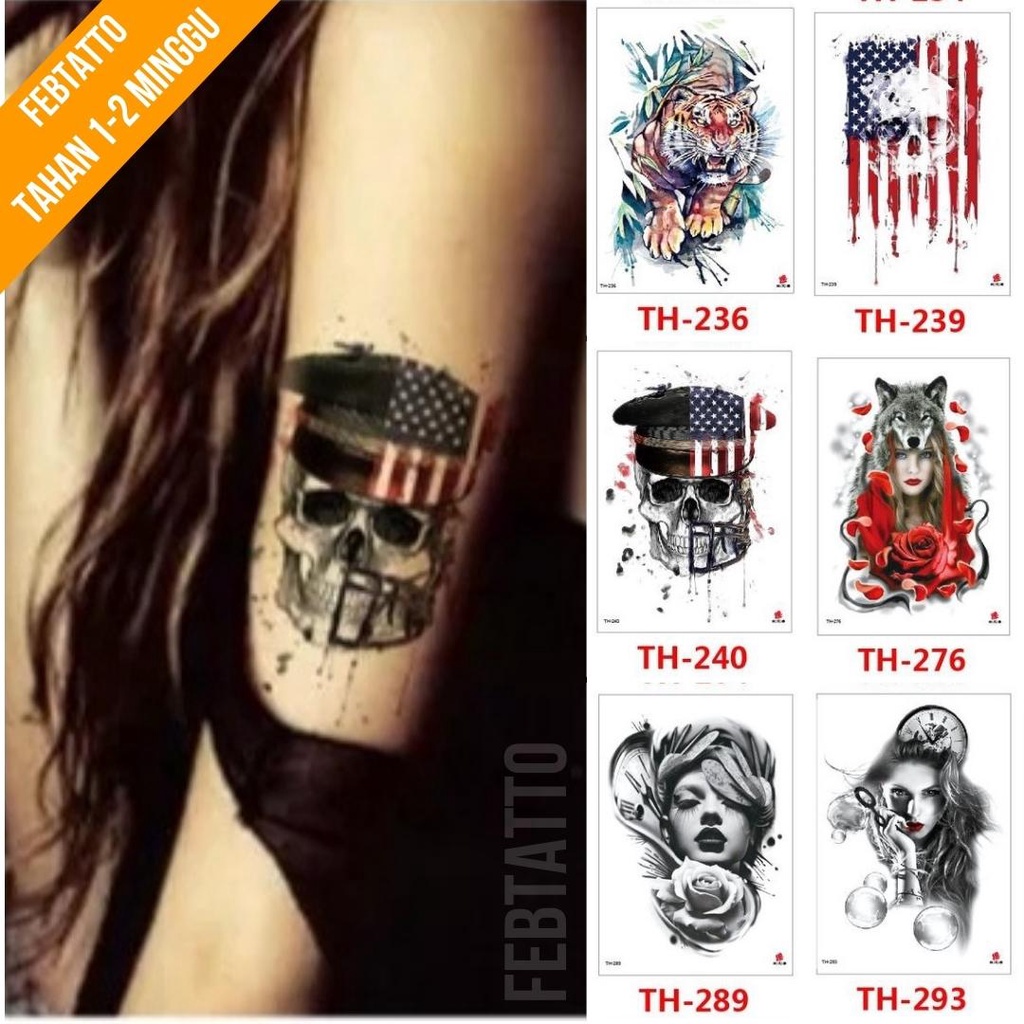 Tato Temporer Ukuran 21cmx15cm Motif Aesthetic Tatto Temporary Stiker Tato Halal Grosir Tato air motif harimau, tengkorak, serigala, perempuan, bendera negara TH 240