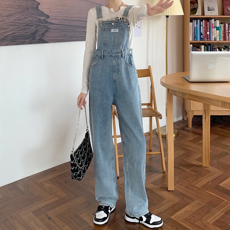 ✅COD Biru muda Overall Kaki Lebar Longgar Pinggang Tinggi Gaya Korea Wanita---Celana Kodok Jeans Wanita