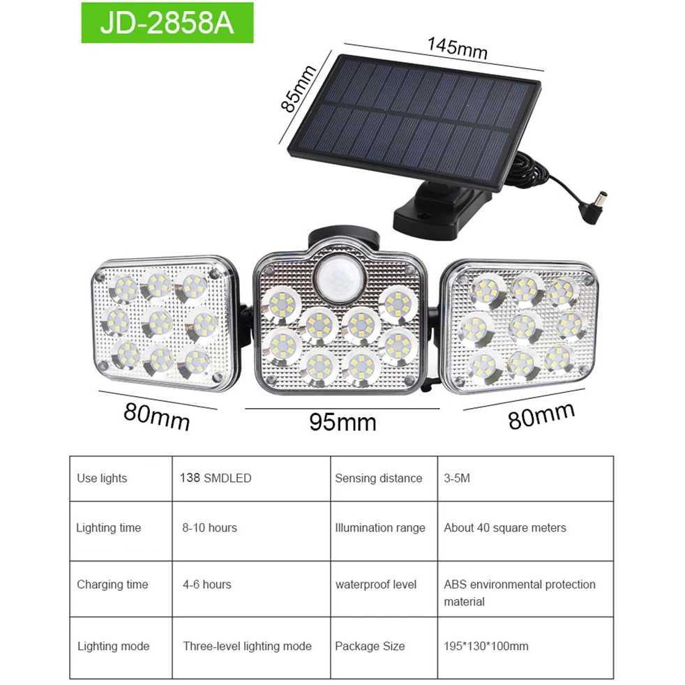 Lampu Dinding Solar Double Sensor Three Head 138 LED Cool White - JD-2858A - Black