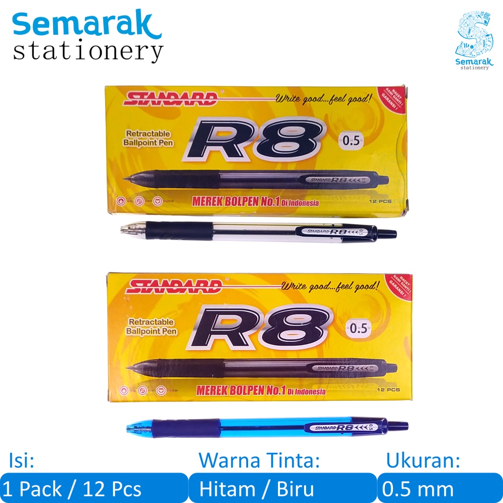 

Standard R8 Retcartable Ballpoint Pen Pulpen Cetek Oil Gel Grip Karet 0.5 - Hitam / Biru [1 Pack / 12 Pcs]