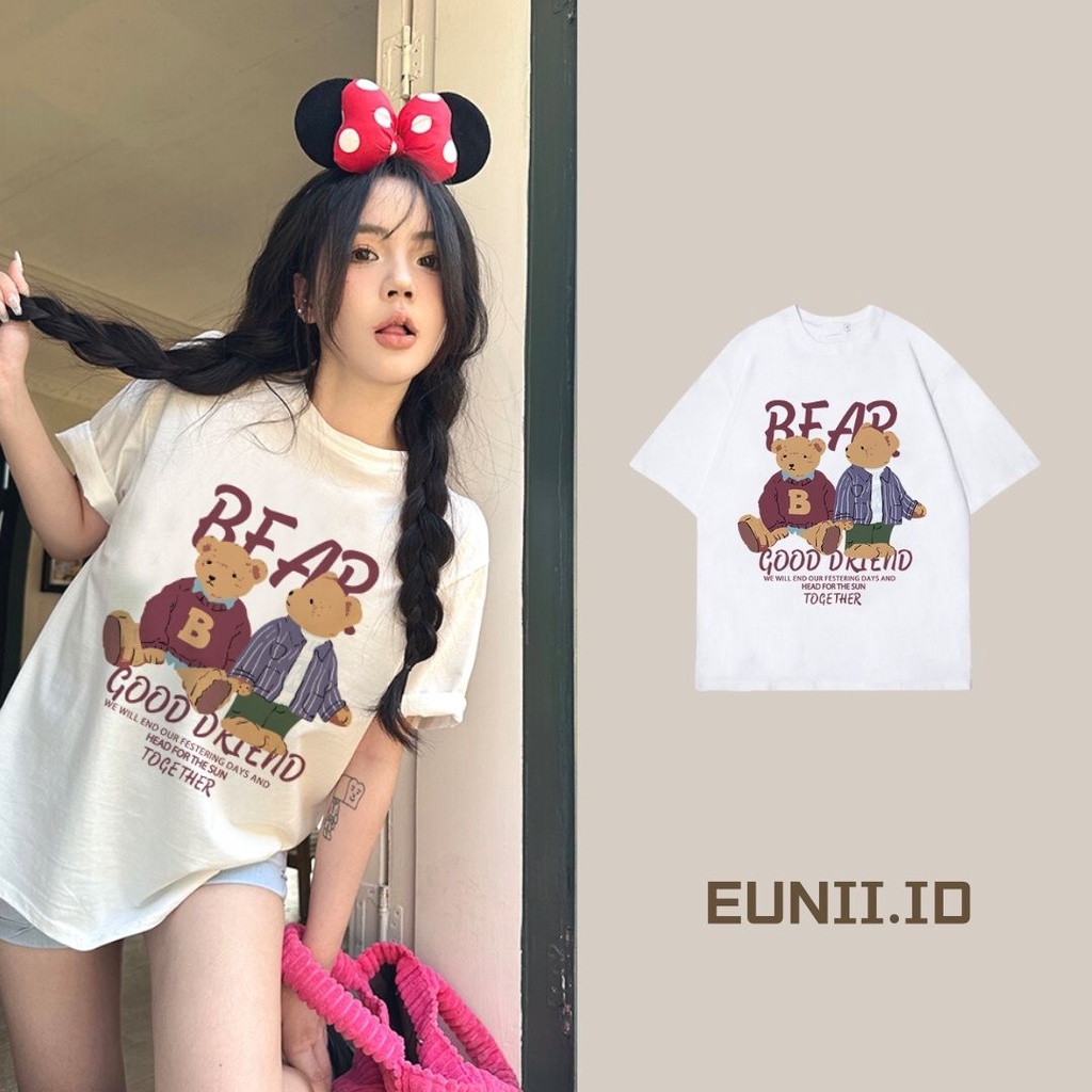 EUNII T-shirt Lengan Pendek Cartoon Red Plush Bear Korean Style/Kaos Atasan Wanita/Baju Kaus Oversize Wanita/Kaos Wanita