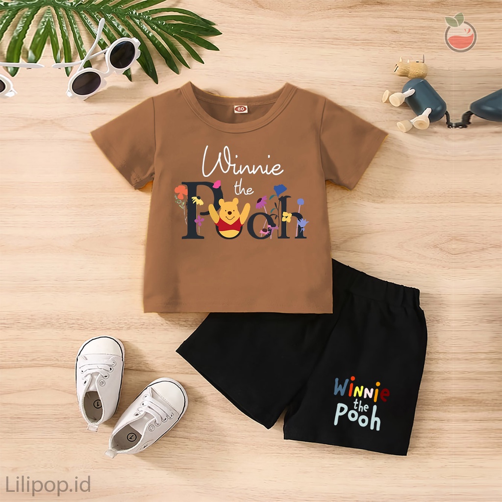 Baju Anak Stelan Kaos 3/4  POOH CUTE Cowok Cewek  Usia 1 - 4 Tahun Celana Pendek Harian