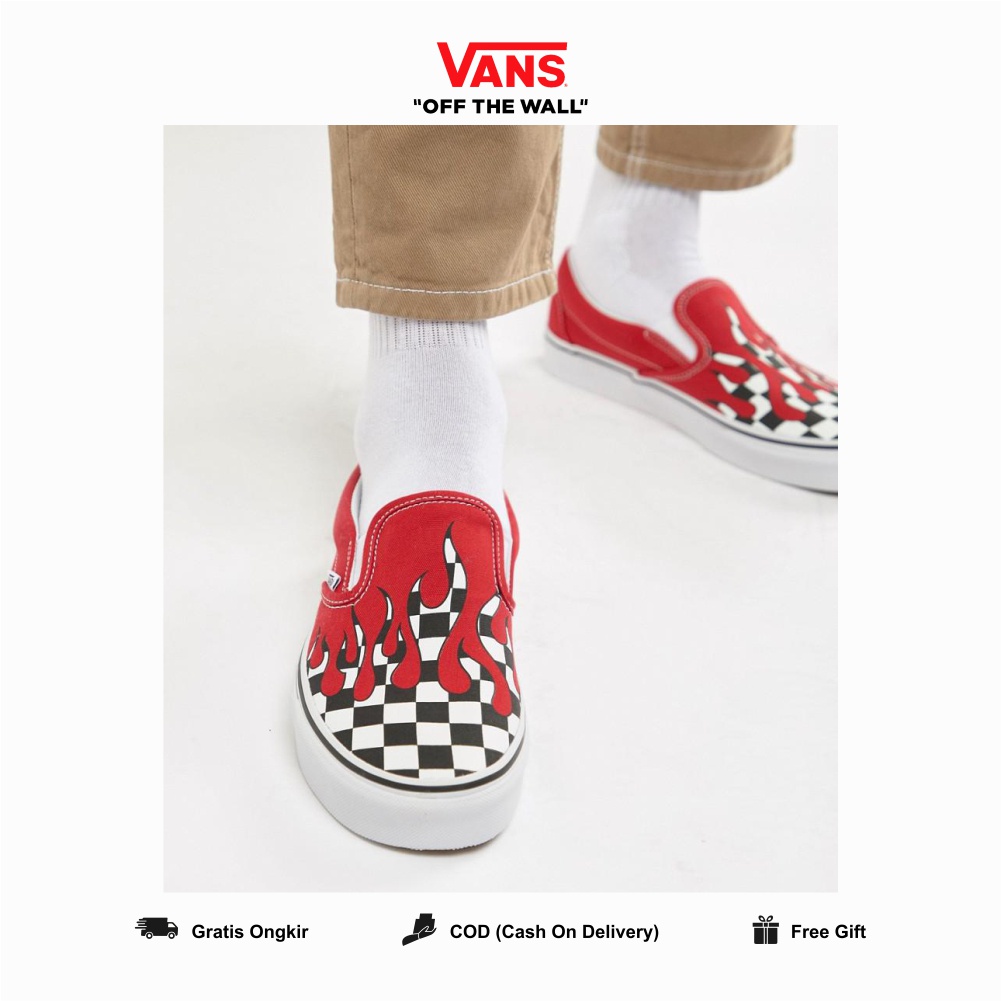 Vans Slip On Checkerboard Flame Black White Red Original 100 % BNIB Global Market Waffle EVB Hitam Tali Putih Couple Pria Wanita Item