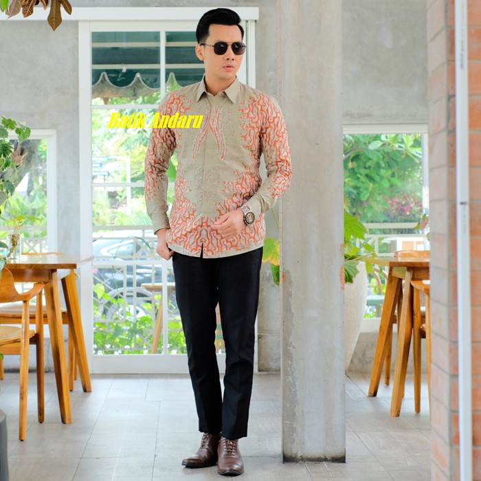 Baju Kemeja Batik Pria Dewasa Slimfit Lengan Panjang Heem Premium Warna Hijau Sage