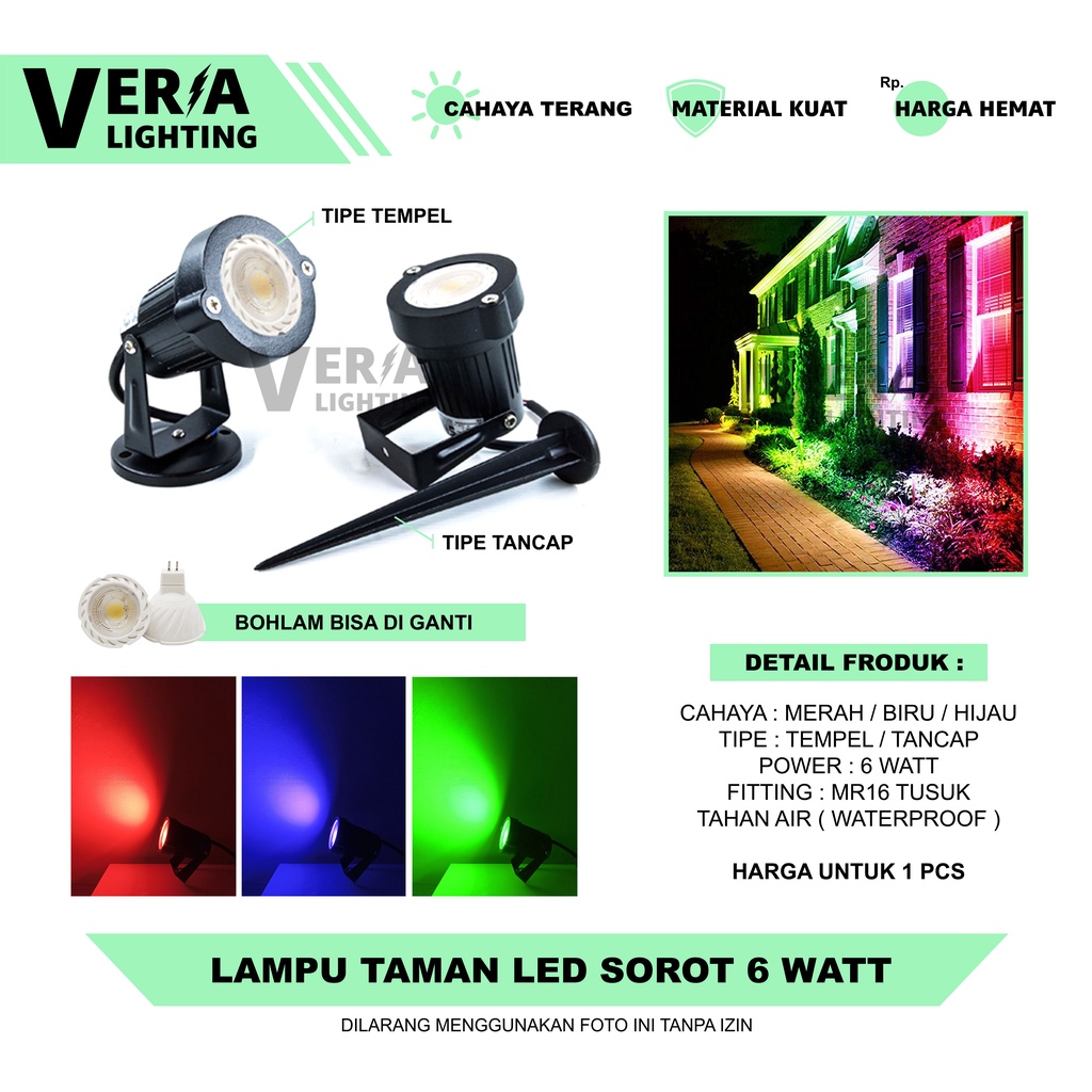 Lampu Taman Sorot LED MR16 6W Spotlight Outdoor Merah, Biru, Hijau